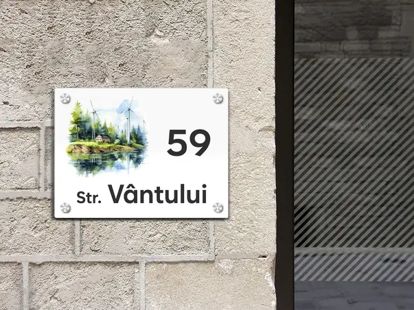 placuta cu numar si adresa model printat uv colorata model casuta acril alb s02