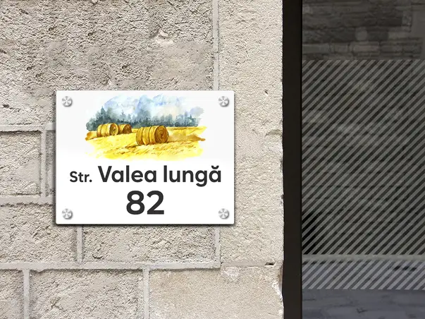 placuta cu numar si adresa model printat uv colorata model casuta acril alb s02