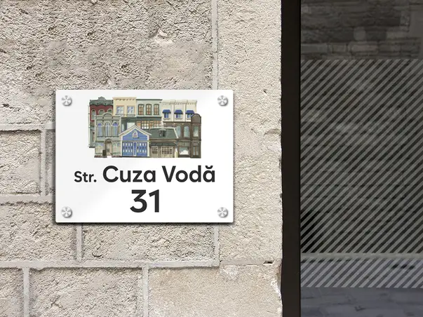 placuta cu numar si adresa model printat uv colorata model casuta acril alb s02