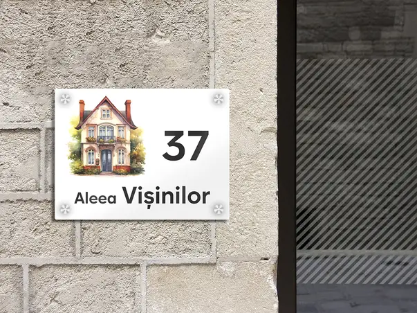placuta cu numar si adresa model printat uv colorata model casuta acril alb s03