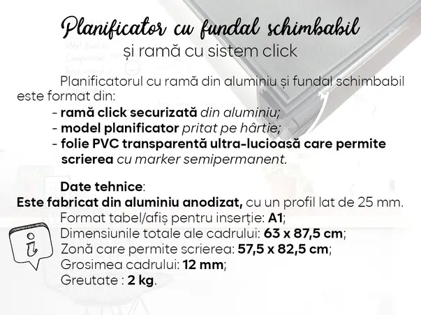 planificator planner whiteboard saptamanal rama click aluminiu fundal schimbabil s2