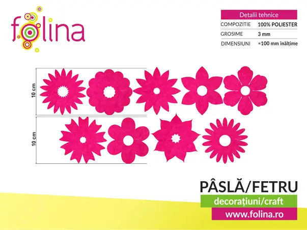 set 10 decoratiuni creative din pasla cu flori magenta pentru activitati craft s02