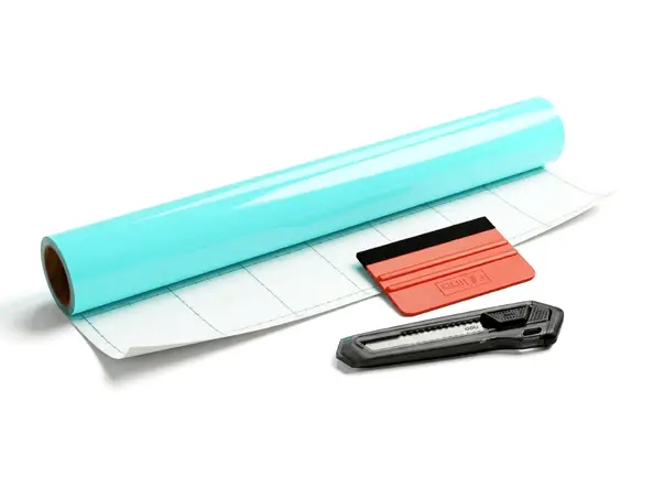 set autocolant mobila bleu pastel lucios cu racleta si cutter