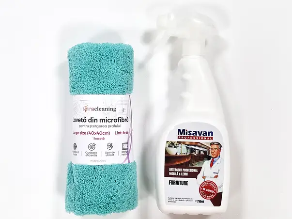 set din detergent profesional pentru mobila si lemn si laveta pentru praf 1