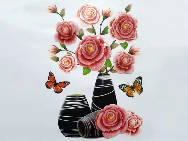 sticker 3d vaza cu flori roz