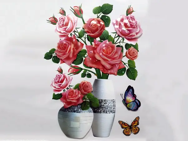 sticker 3d vaza cu trandafiri roz
