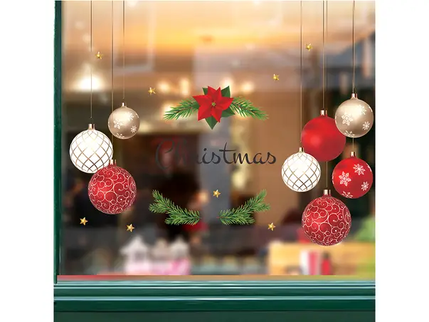sticker craciun decor pentru vitrina cu globuri rosii