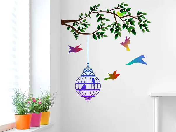 sticker creanga cu pasari colorate