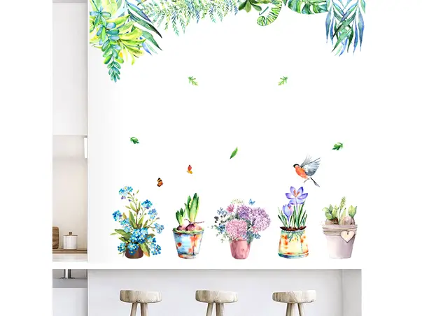 sticker decor cu flori in ghivece