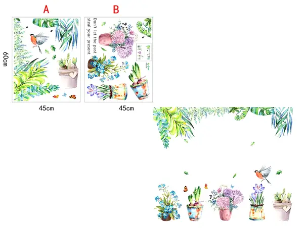 sticker decor cu flori si plante verzi