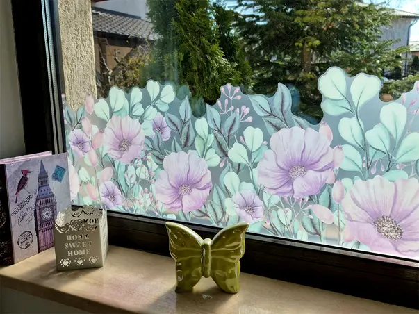 sticker geam folina bordura decorativa cu flori mov