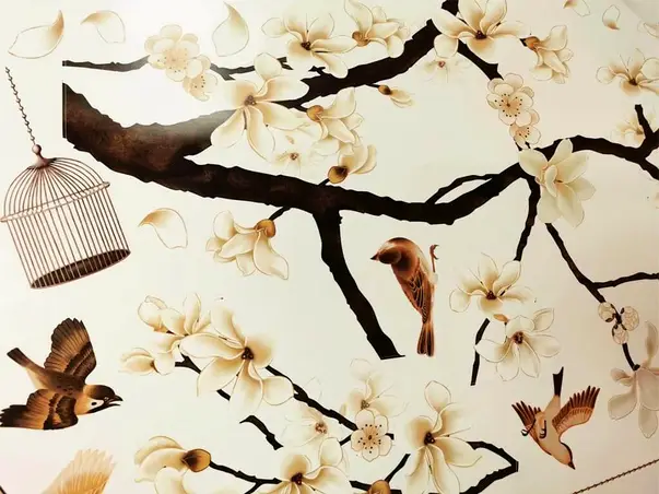 sticker magnolie bej crengi si pasari