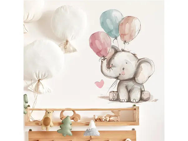 sticker micul elefant cu baloane decor perete si mobila pentru camera copiilor