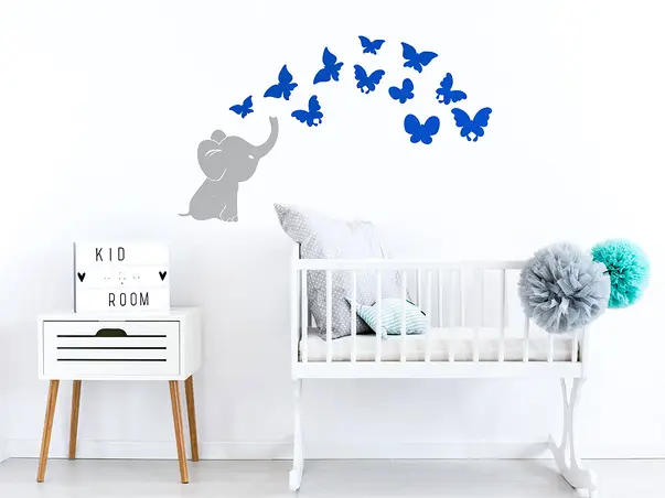 sticker micul elefant si fluturii albastri