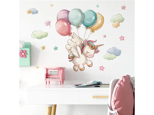 sticker perete camera fetita unicorn cu baloane colorate