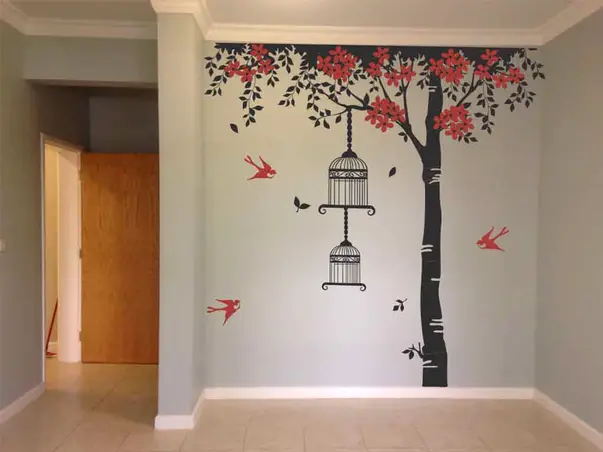 sticker perete copac flori rosii