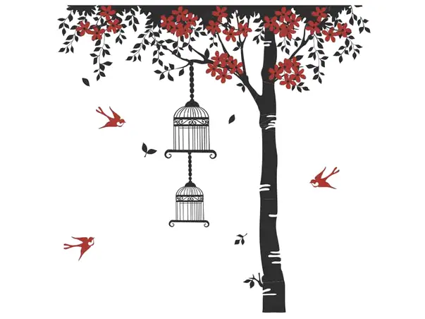 sticker perete copac flori rosii folina