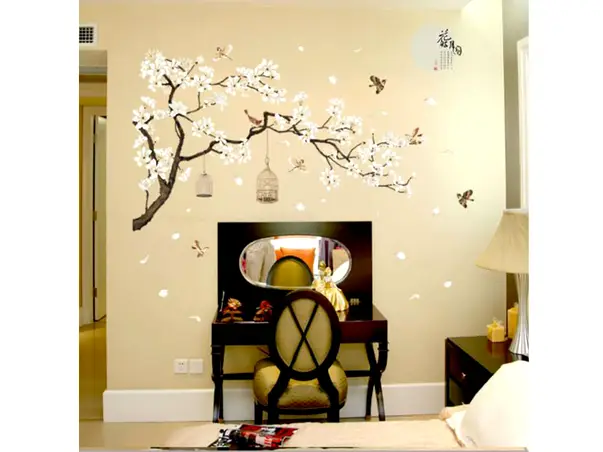 sticker perete creanga flori magnolie bej