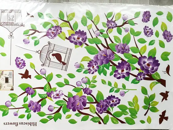 sticker perete crengi cu flori mov