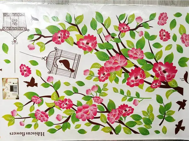 sticker perete crengi cu flori roz