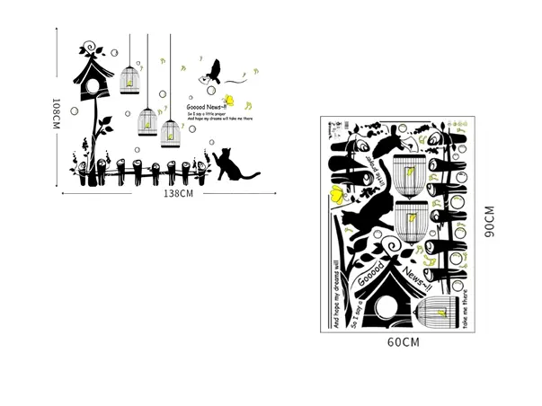 sticker perete decor cu colivii pasari si pisici