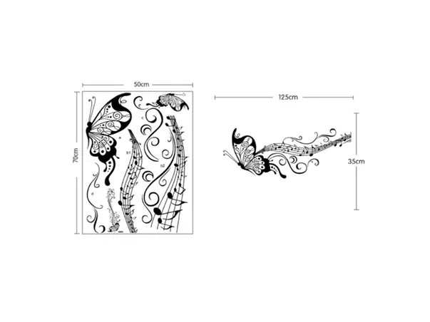 sticker perete fluture negru si gama notelor muzicale