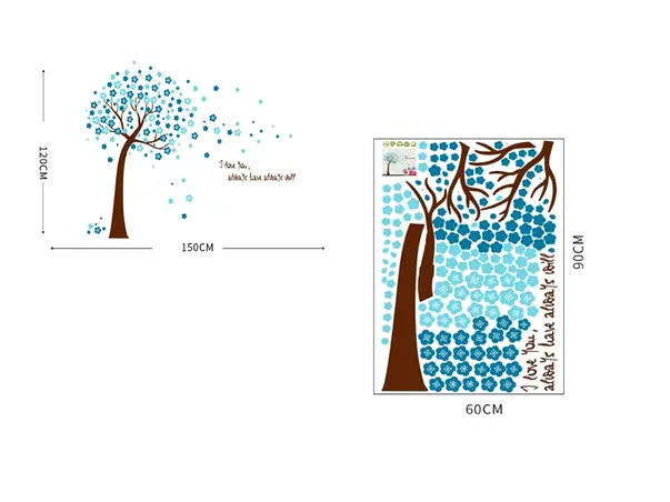 sticker perete folina copac cu flori albastre