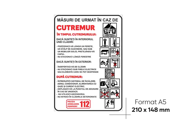 sticker semnalizare masuri de urmat in caz de cutremur 210x148mm s1