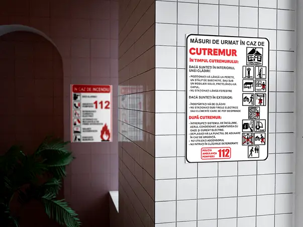 sticker semnalizare masuri de urmat in caz de cutremur 210x148mm s2