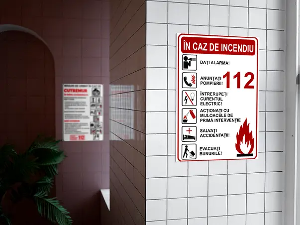 sticker semnalizare masuri de urmat in caz de incendiu 216x148mm s2