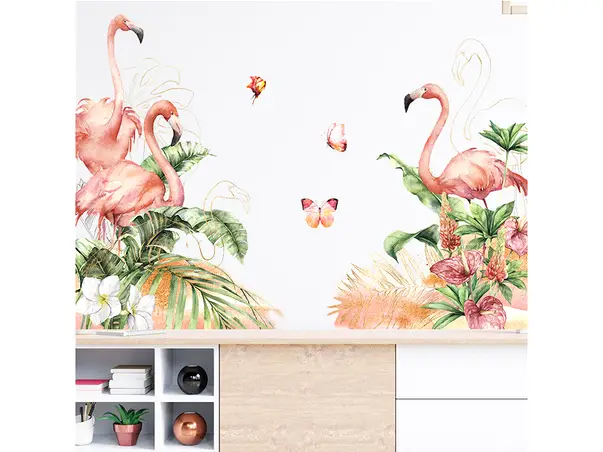 stickere perete cu flori si pasari flamingo pentru decor exotic