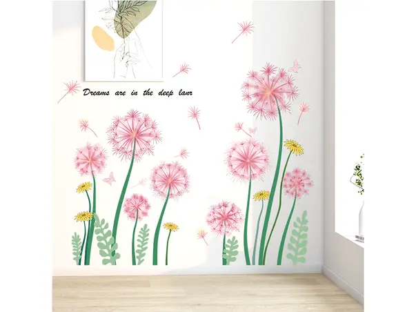 stickere perete cu papadii roz si fluturi