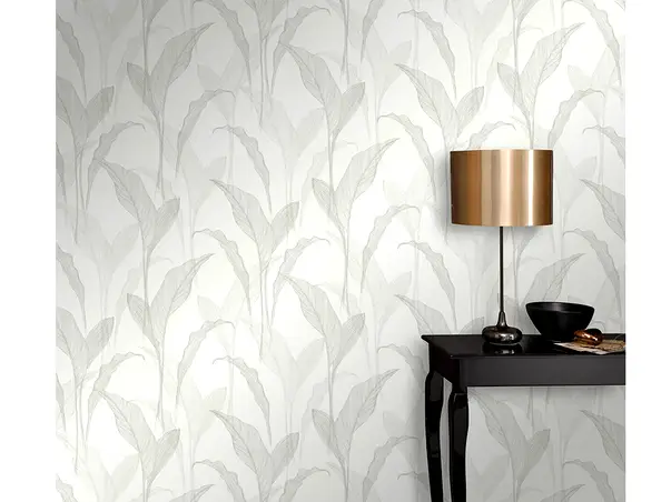 tapet alb cu frunze gri deschis