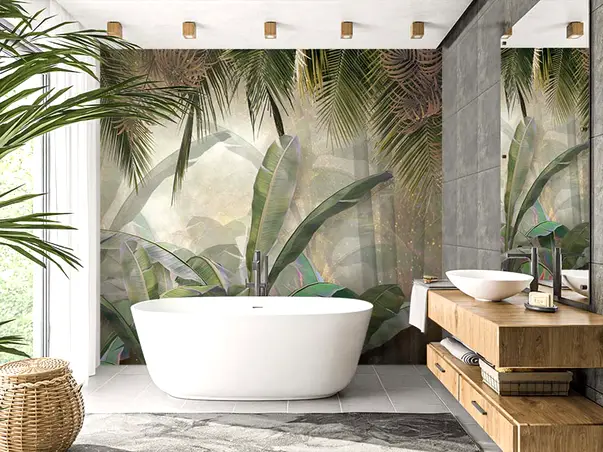 tapet baie decor exotic cu plante tropicale