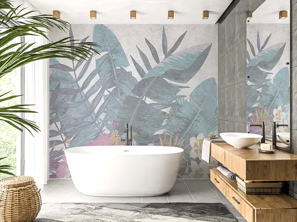 tapet baie frunze tropicale pastel