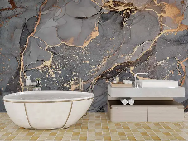 tapet baie rezistent la apa marmura gri cu detalii aurii
