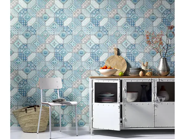 tapet bucatarie imitatie faianta albastra