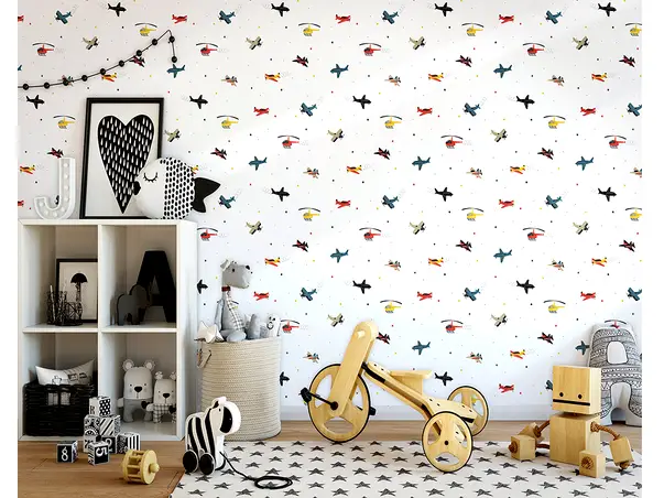 tapet camera baieti alb cu avioane colorate little adventures 45817