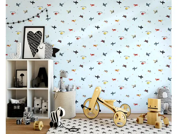 tapet camera baieti bleu cu aviaone colorate little adventures 45817