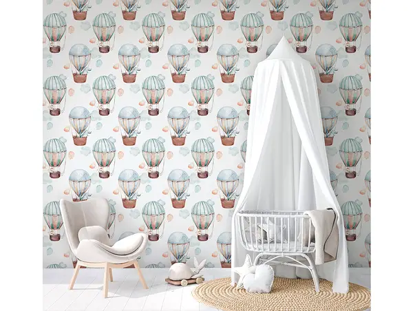 tapet camera copii alb cu baloane in zbor