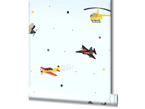 tapet camera copii bleu cu avioane colorate