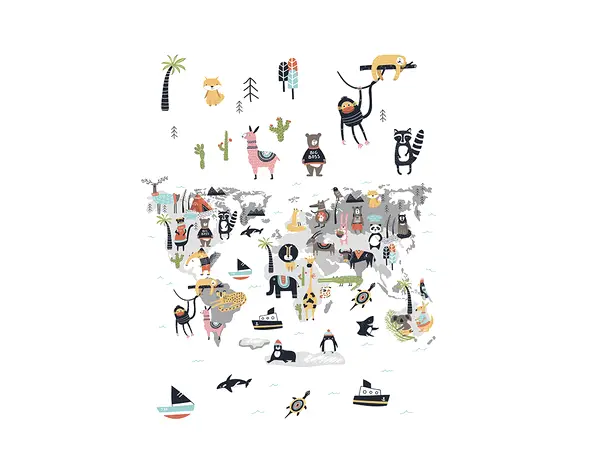 tapet camera copii harta lumii cu animale