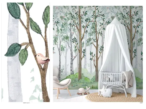 tapet camera copii model cu copaci si pasari