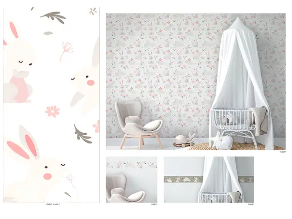 tapet camera fetita alb cu iepurasi roz