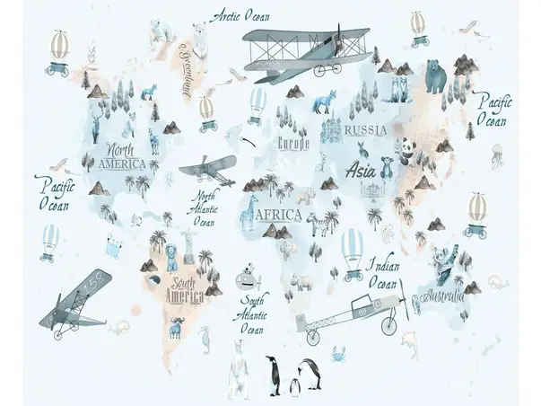 tapet copii harta lumii in nuante pastel