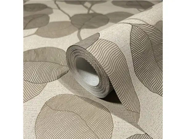 tapet cu frunze stilizate in nuante de bej gri