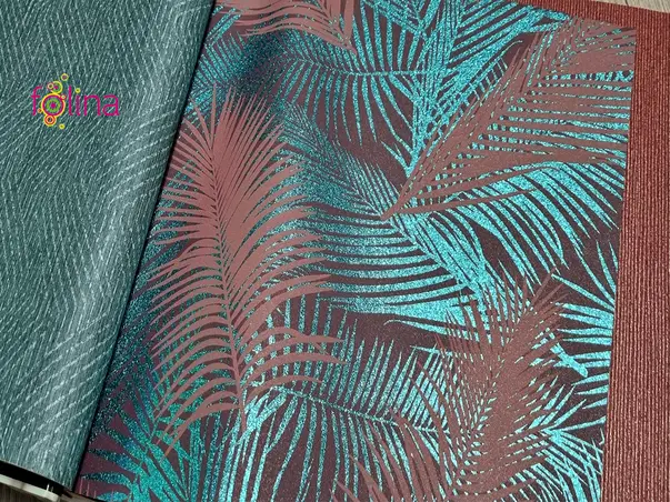 tapet cu frunze turcoaz metalic