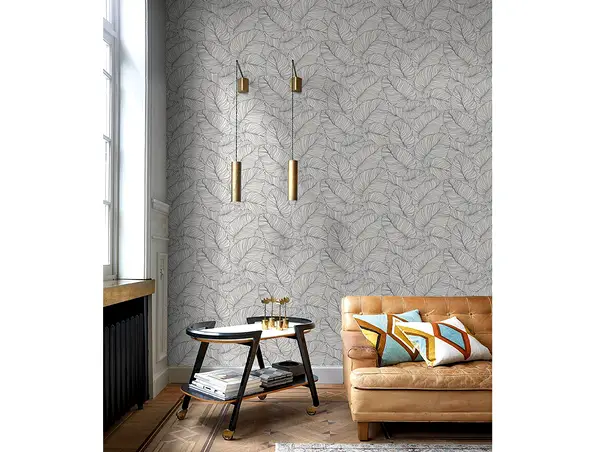 tapet dormitor alb cu frunze negre grandeco a50901