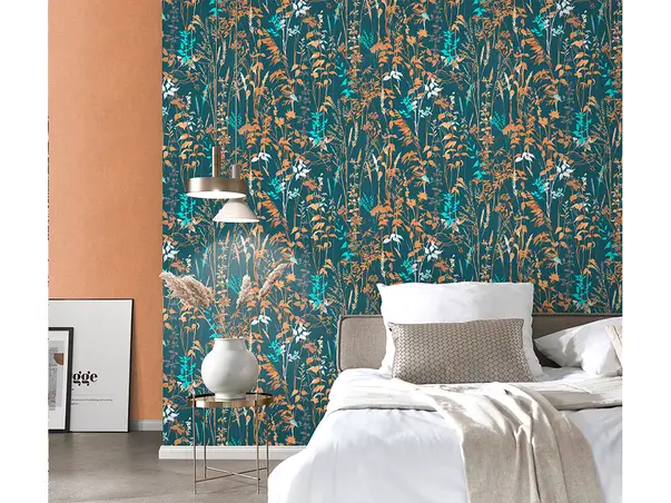 tapet dormitor albastru cu flori