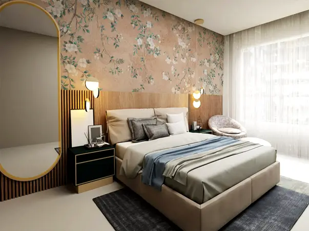 tapet dormitor bej cu model floral